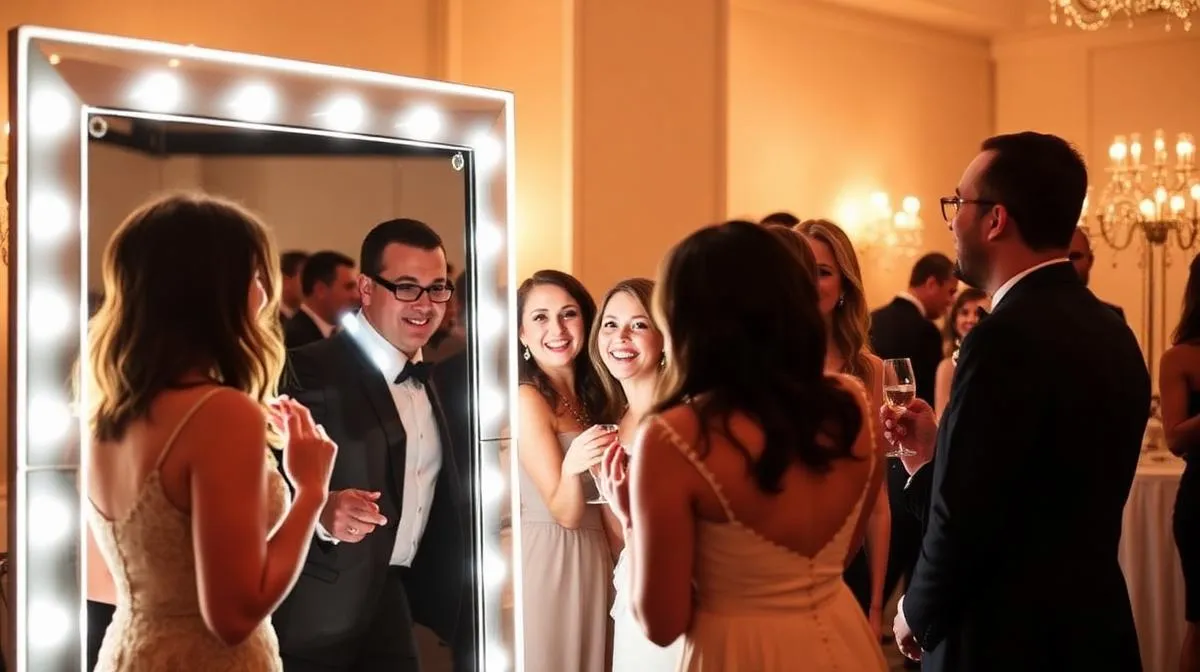 Mirror photo booth setup at a Vancouver wedding with guests gathering around