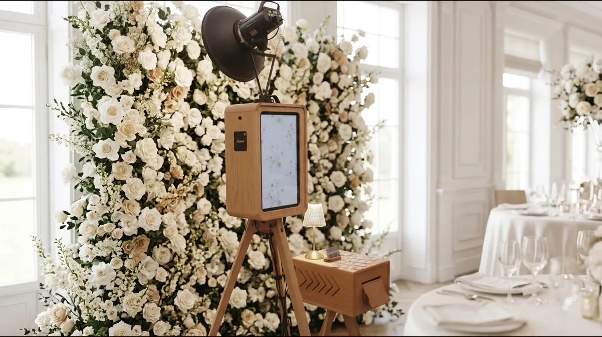 Our retro photo booth on its wooden tripod beside a white floral wall at a wedding reception