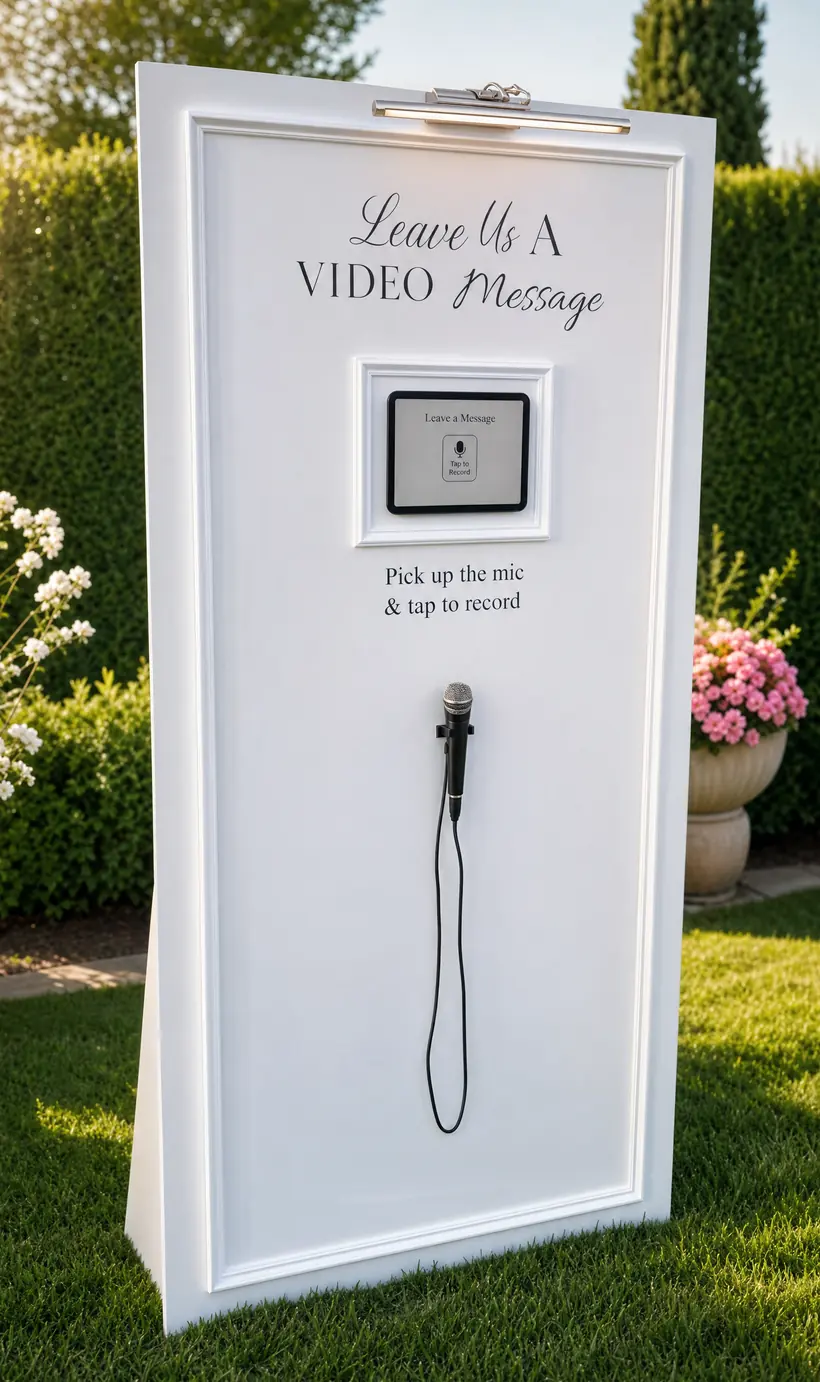 Our video guest book wall set up on a garden lawn — panelled white board with its picture light, tablet screen and handheld microphone on a cord